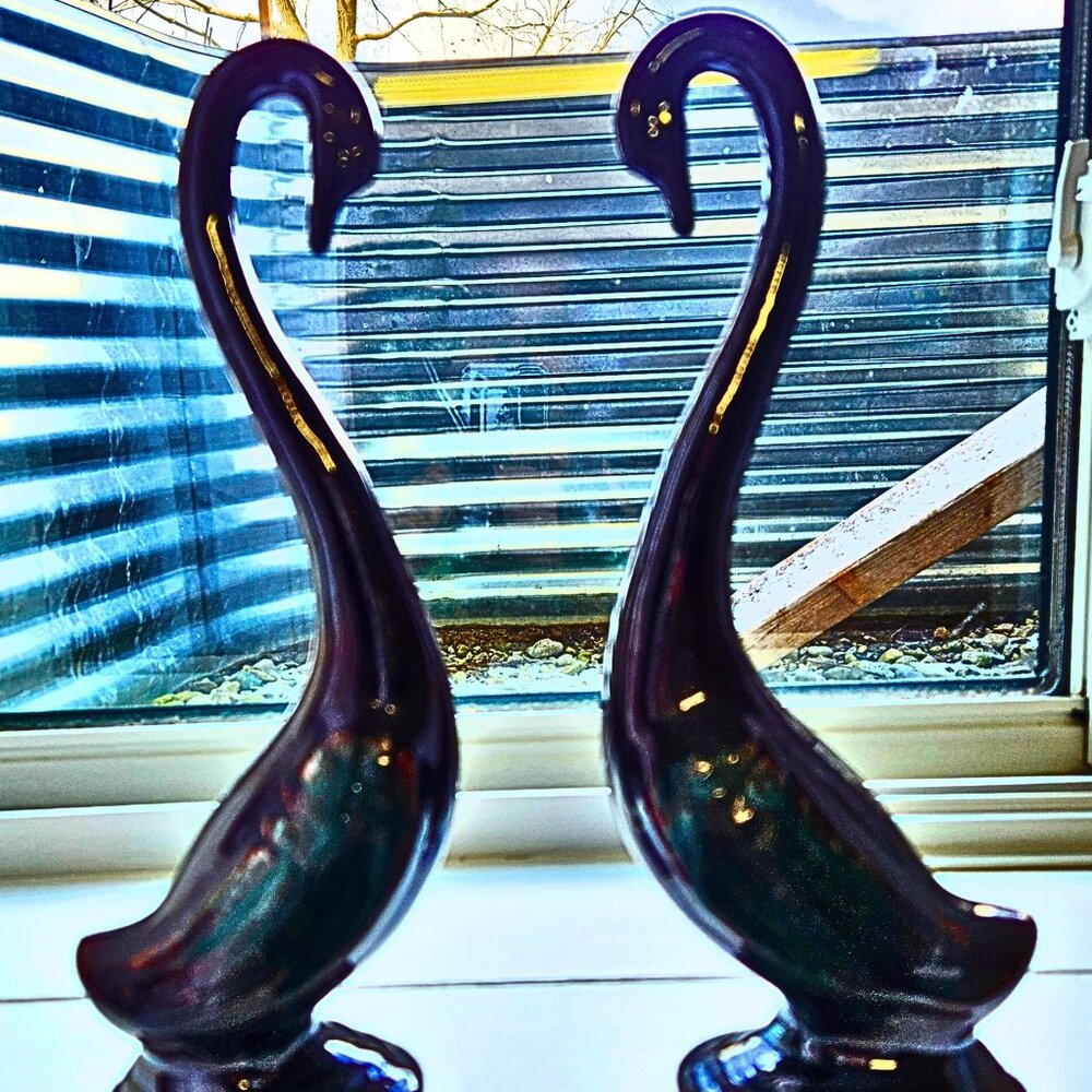 Vintage Mid Century Ceramic Swan Figurines Pair Brown Green Wings 10” - Japan